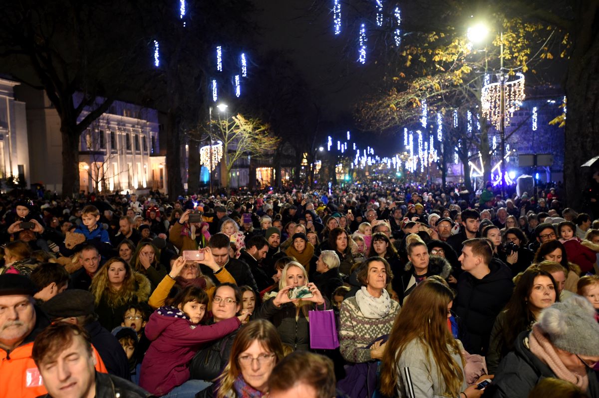 Crowds facing stage at Christmas Light Switch On